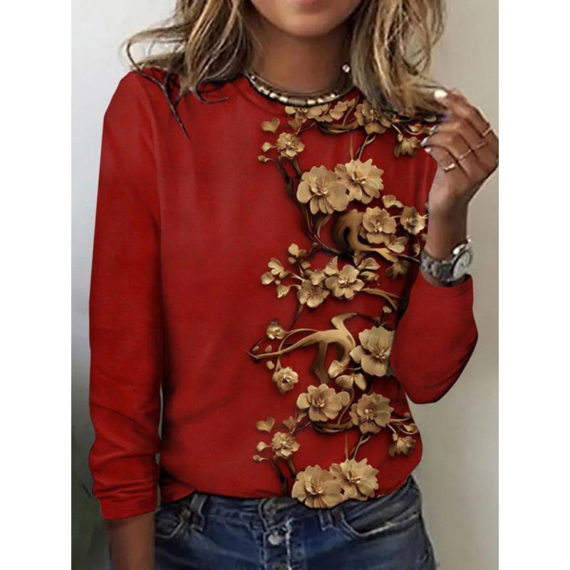 Round Neck 3D Flower Printed Top Fashionable Casual Long Sleeved Women's T-shirts