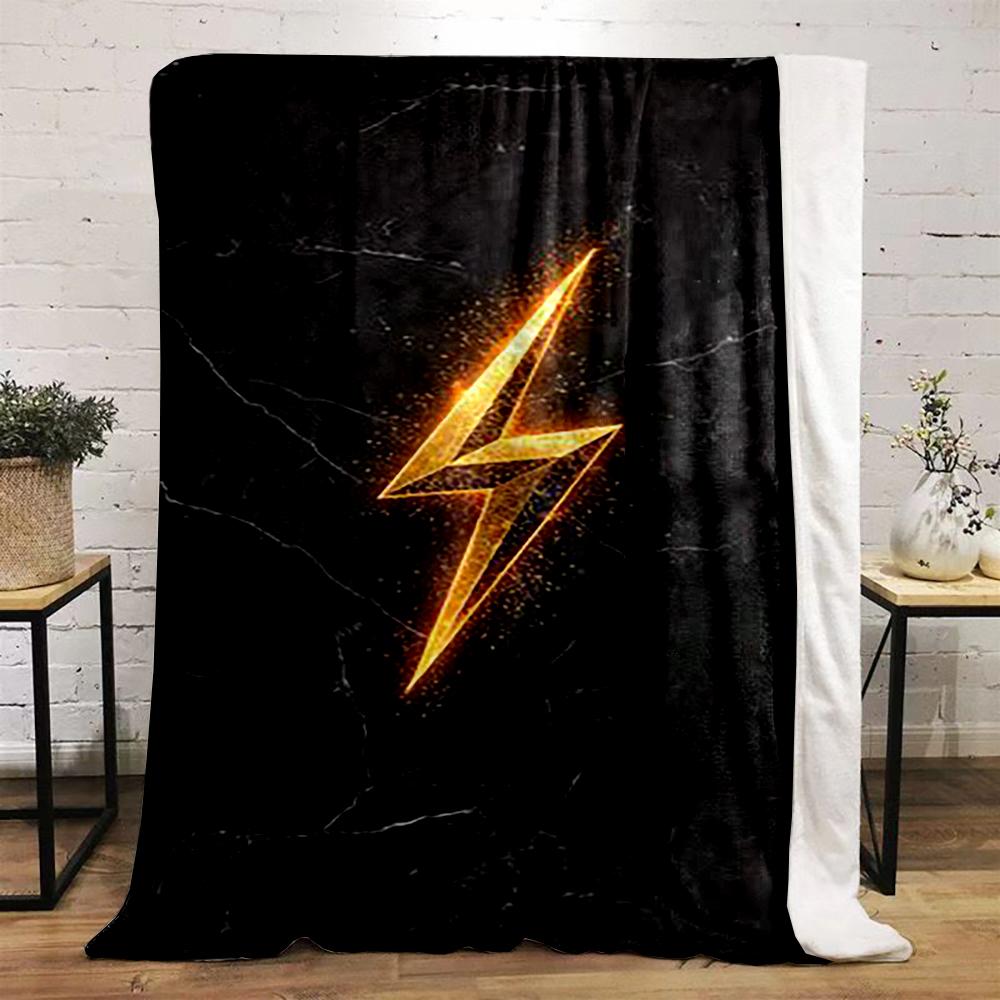 "Golden Lightning Bolt On Black Marble" Printed Flannel Blanket for Bedroom, Living Room, Sofa, and Nap