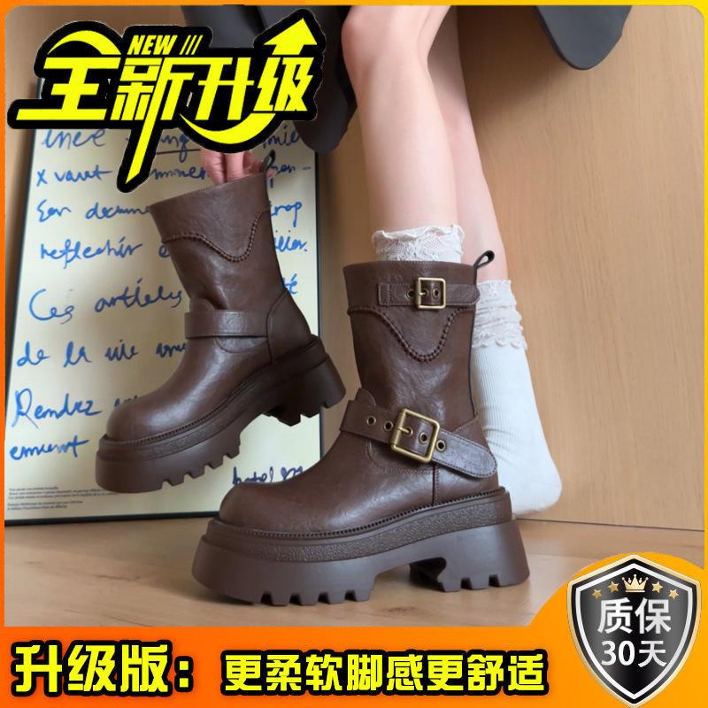 Fashion Thick-soled Heightening British Style Martin Boots Women's Autumn and Winter Maillard Leather Boots Retro Slim Knight Short Boots