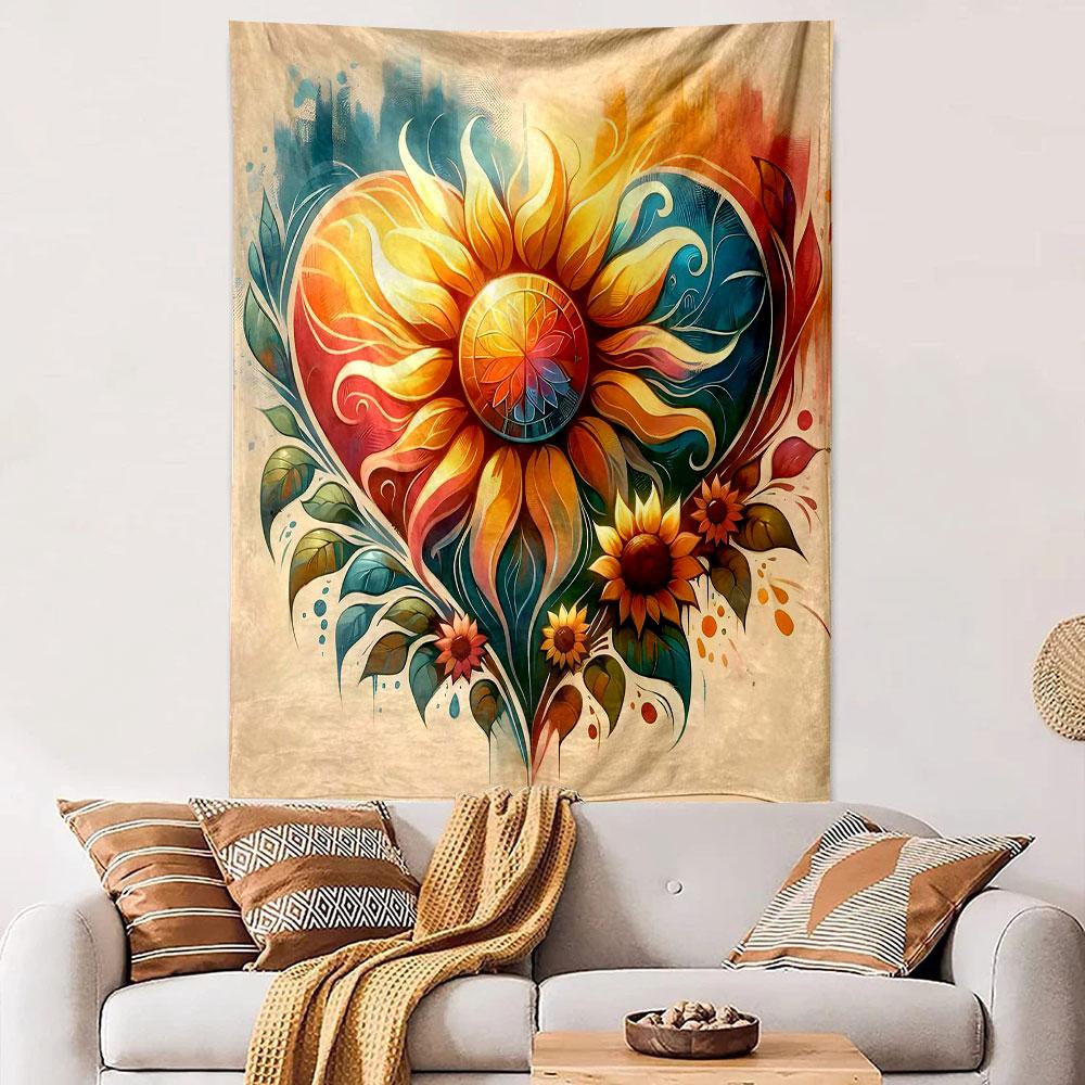Colorful Sunflower Heart Tapestry Design Patterned Tapestry Decorative Wall Hanging, Home Bedroom Living Room Decor