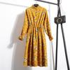 Vintage Kragen Langarm Cord Blumenkleid Damen Party Rüschenkleid Bohemia Print Kleid