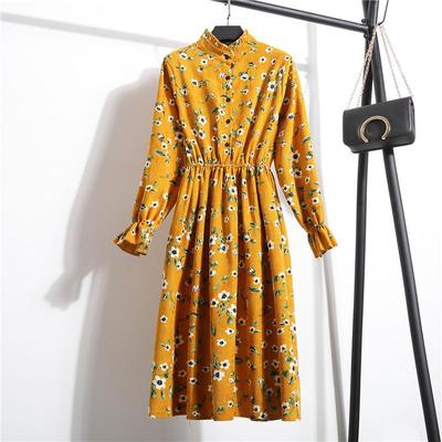 Vintage Collar Long Sleeve Corduroy Floral Dress Women's Party Ruffle Dress Bohemia Print Dress
