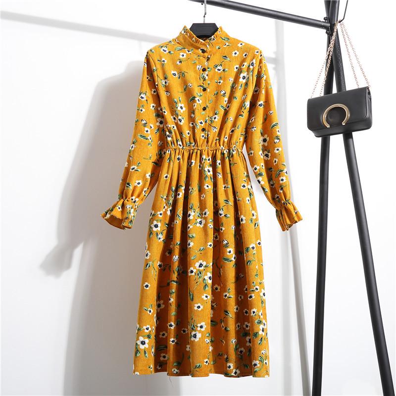 Vintage Collar Long Sleeve Corduroy Floral Dress Women's Party Ruffle Dress Bohemia Print Dress