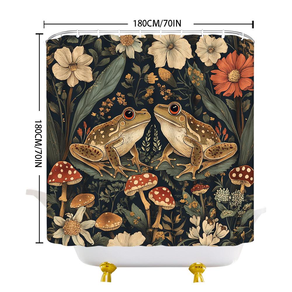 Frog and Mushroom Garden Shower Curtain  Whimsical Design with Earthy Colors,Colorful Fungi & Leaves, Machine Washable Polyester