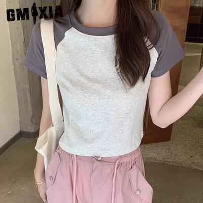 Summer Women's Dress Matching Color Slimming Shoulder Design Sense Pure Short-sleeved T-shirt Women's Top