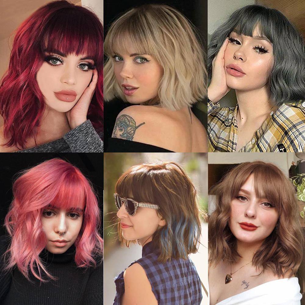 MERISIHAIR Brązowe krótkie peruki Bob Wave z grzywką Blond dla kobiet Naturalne odporne na ciepło syntetyczne peruki Codzienne noszenie Cosplay Kręcone włosy