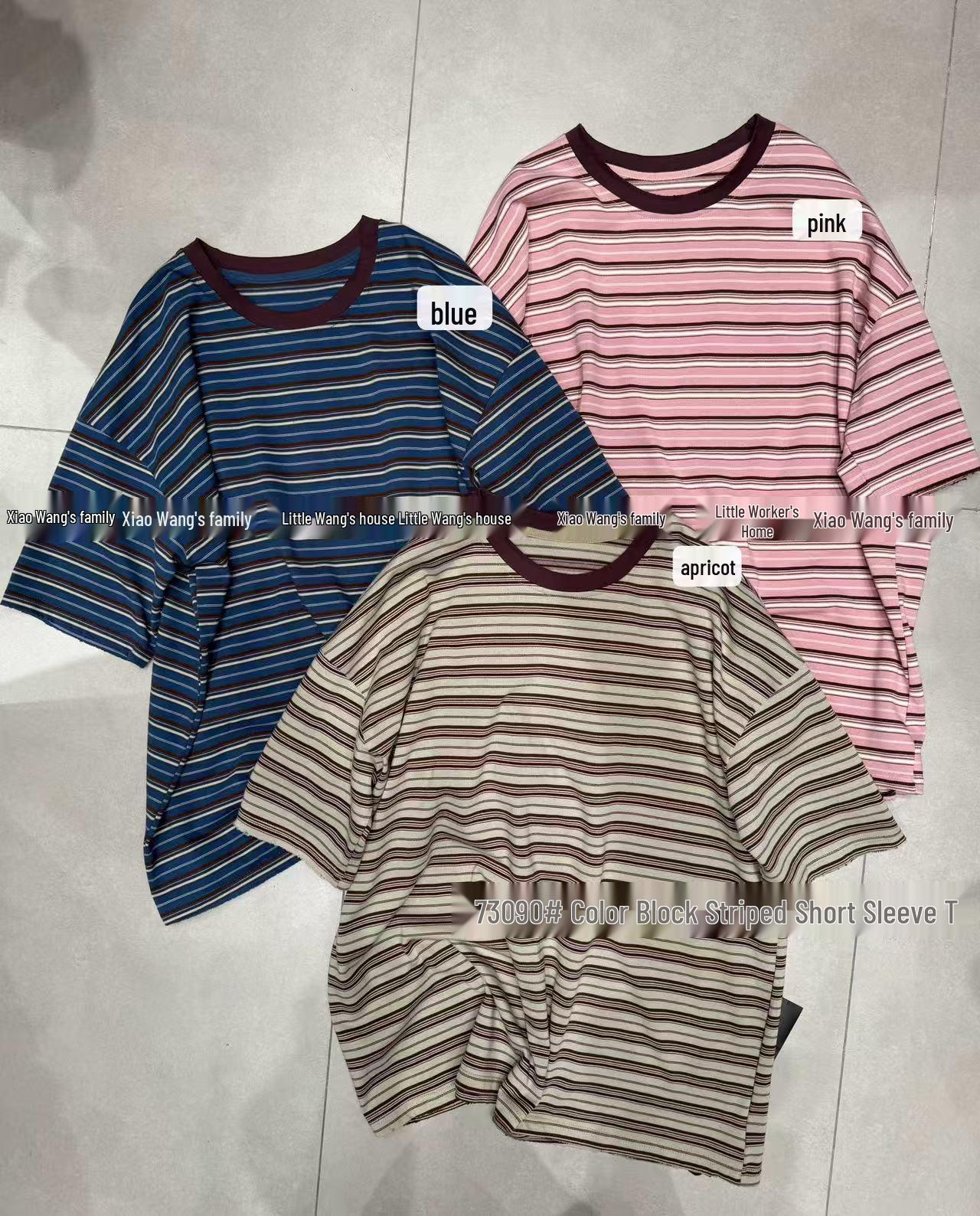 

Xiao Wang s Spring 73090 Striped Loose Plus Size Korean Style Casual Short Sleeve T-shirt One Size абрикосовый