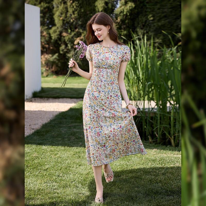 Vintage Floral Puff Sleeve A-line Maxi Dress L