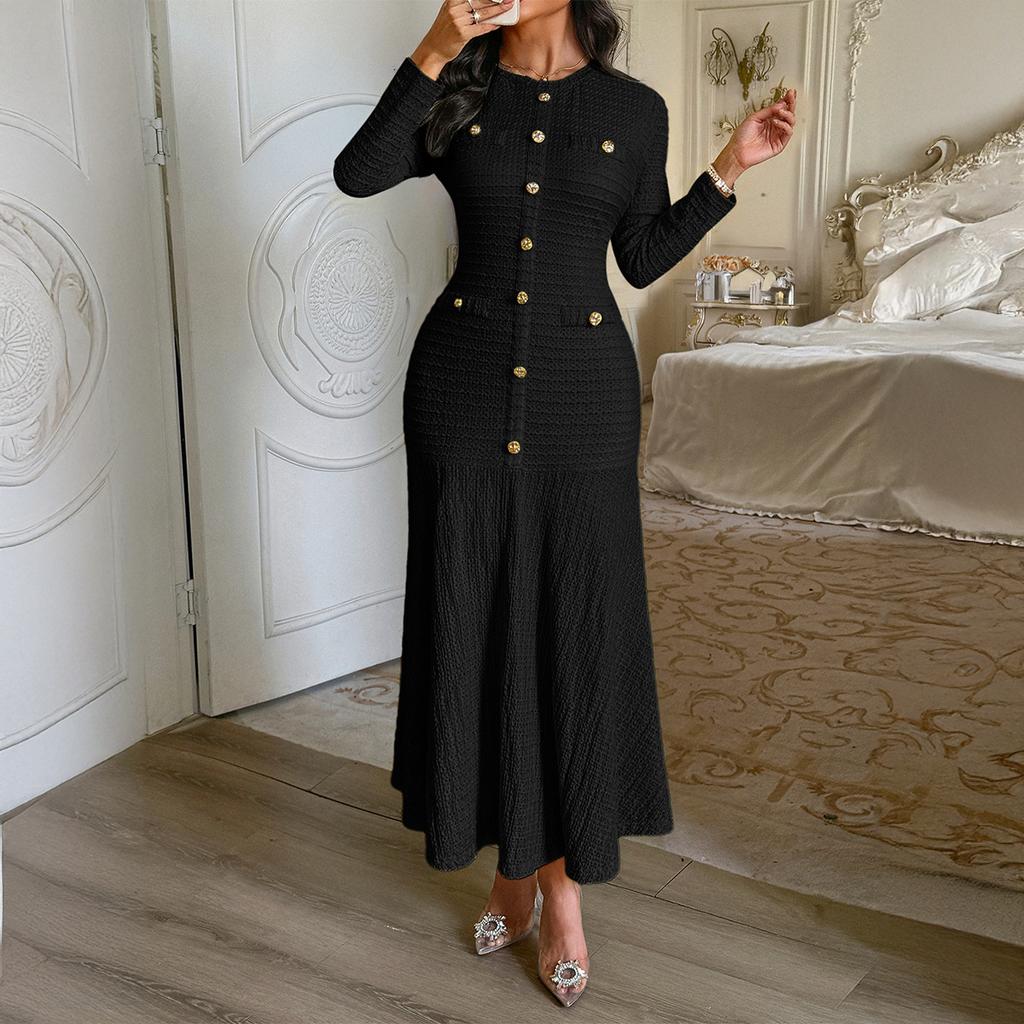 Elegant Short-sleeved Solid Color Long Skirt Dress for Women 2025 Autumn and Winter