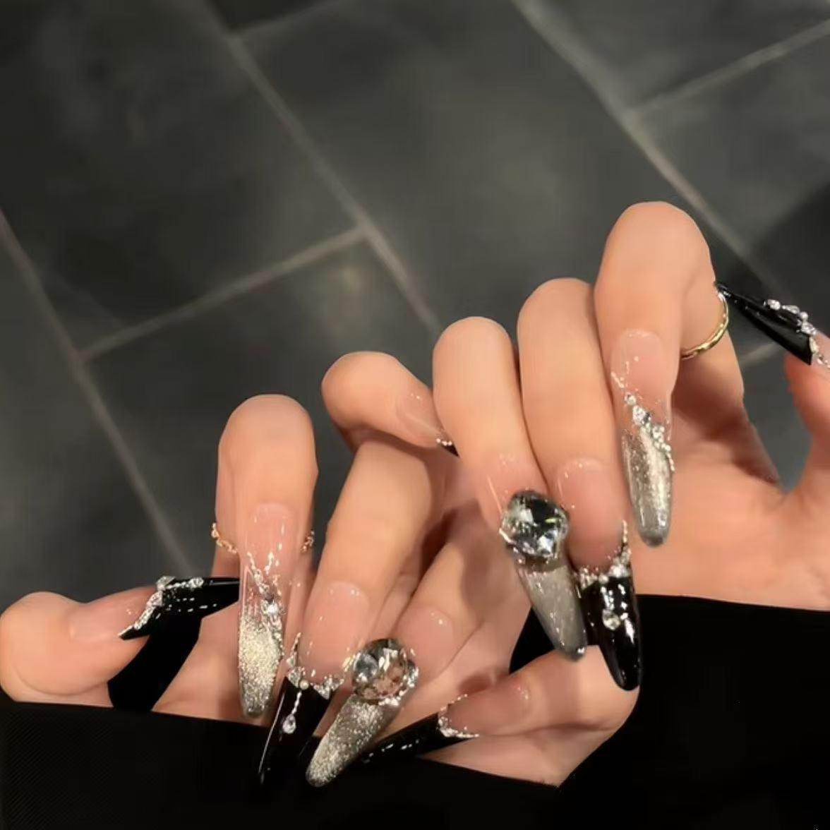 Handmade Long Thin Dachshund French Manicure Black Nail Tips - Wearable False Nails Bagged XS