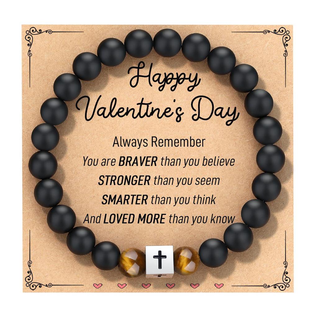 Black Matte Stone & Tiger Eye Square Cross Pendant Bracelet