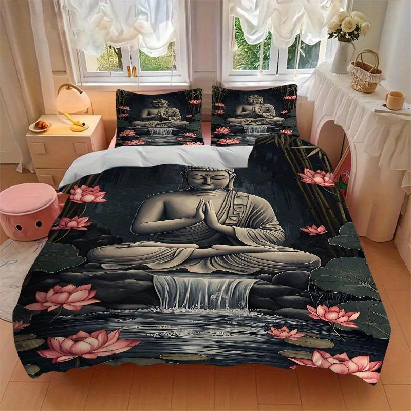 3pcs Buddha Lotus Soft Comfortable Bedding set, For Bedroom, Guest Room And Dorm, All Season Use, High-Definition Printing, Machine Washable 128