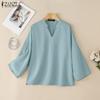ZANZEA Dame Casual V-hals Ensfarget Løs 3/4 Ermet Bluse