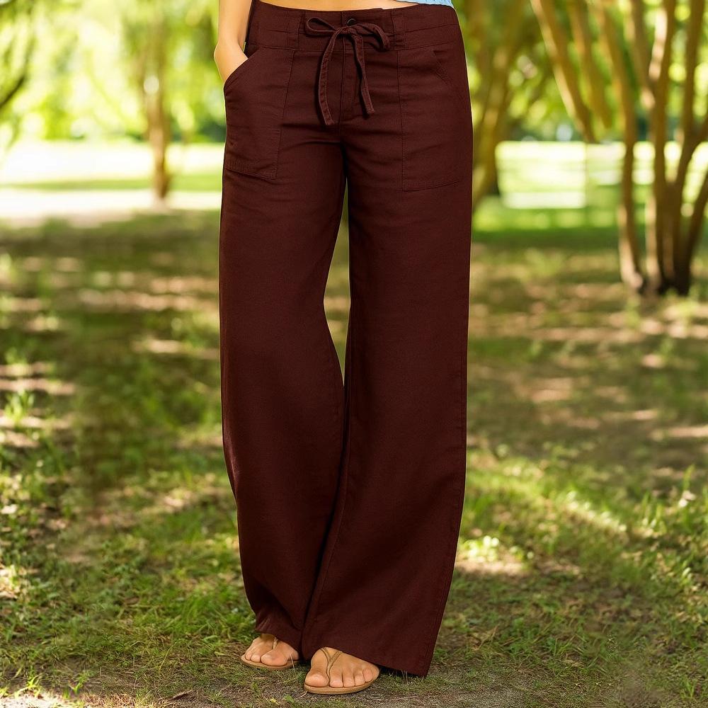 Women's Cotton and Linen Loose Solid Color Elastic Waist Pocket Straight High Waist Strap Solid Color Casual Pants