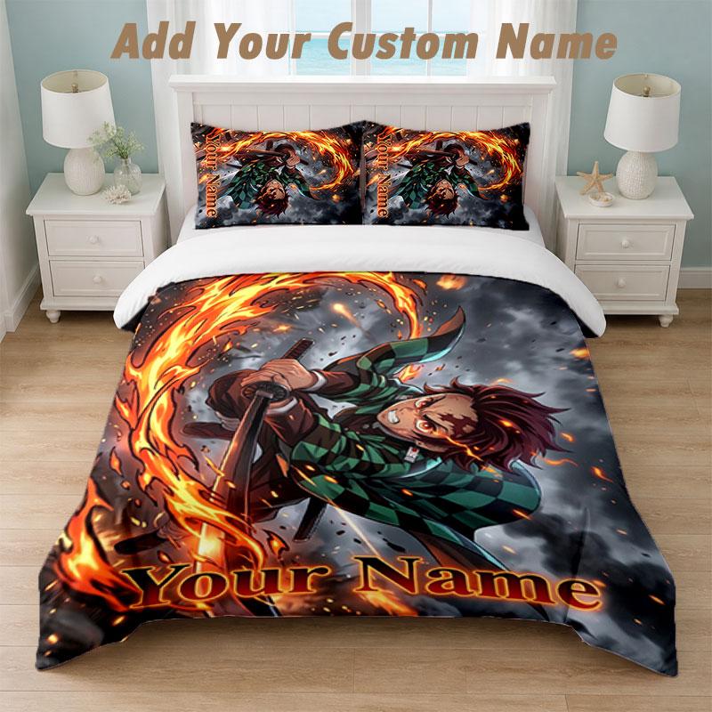 Bedding Set 1 Duvet Cover 2 Pillowcases Demon Slayer Print Soft Bed Linen Bedroom Decor