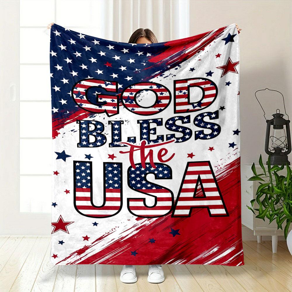 Patriotic design featuring stars, stripes, and "God Bless the USA" text. for all seasons blanket lunch break throw gift