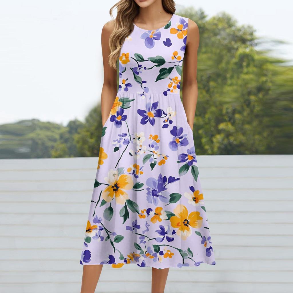 Robe mi-longue décontractée à imprimé à la mode pour femmes, col rond, sans manches, avec poche