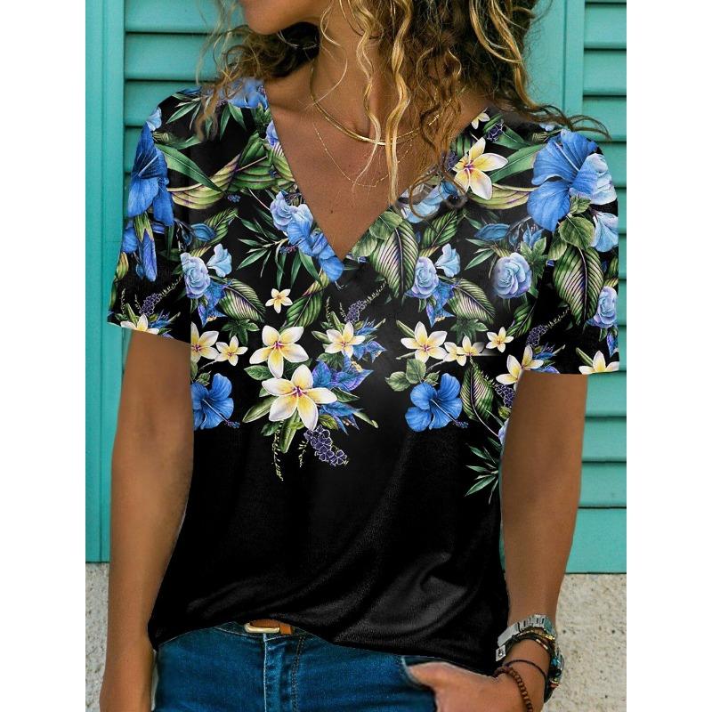 Damen Retro V-Ausschnitt Kurzarm T-Shirt, Nische Sommer Casual Locker T-Shirt