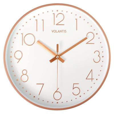 שעון קיר אנלוגי מפלסטיק, 12 אינץ', מודרני, מסוגנן, ללא טיק-טק, שקט, לבית, לסלון, לחדר שינה, למשרד ולמטבח (לבן וזהב ורוד)