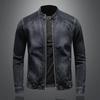 Spring 2020 Men's Dark Blue Retro Motorcycle Denim Jacket with Stand Collar and Zipper