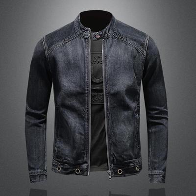Spring 2020 Men's Dark Blue Retro Motorcycle Denim Jacket with Stand Collar and Zipper