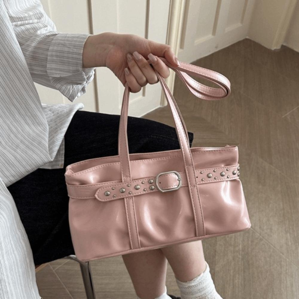 Rivet Belt Buckle Underarm Bag Large Capacity Tote Bag Trendy PU LeatherShoulder Bag Commute