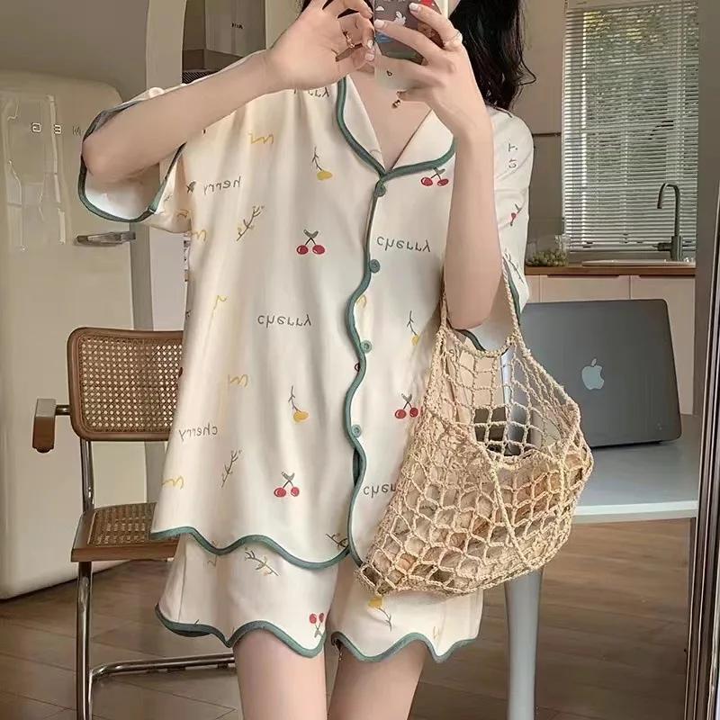 Pajamas Female Summer Cartoon Young Ladies Students Cardigan Short-Sleeved Shorts Thin Section Homewear Two-Piece Suit
