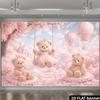 2D Pink Cherry Blossom Teddy Bear Backdrop, Dreamy Castle & Hot Air Balloon Background for Party