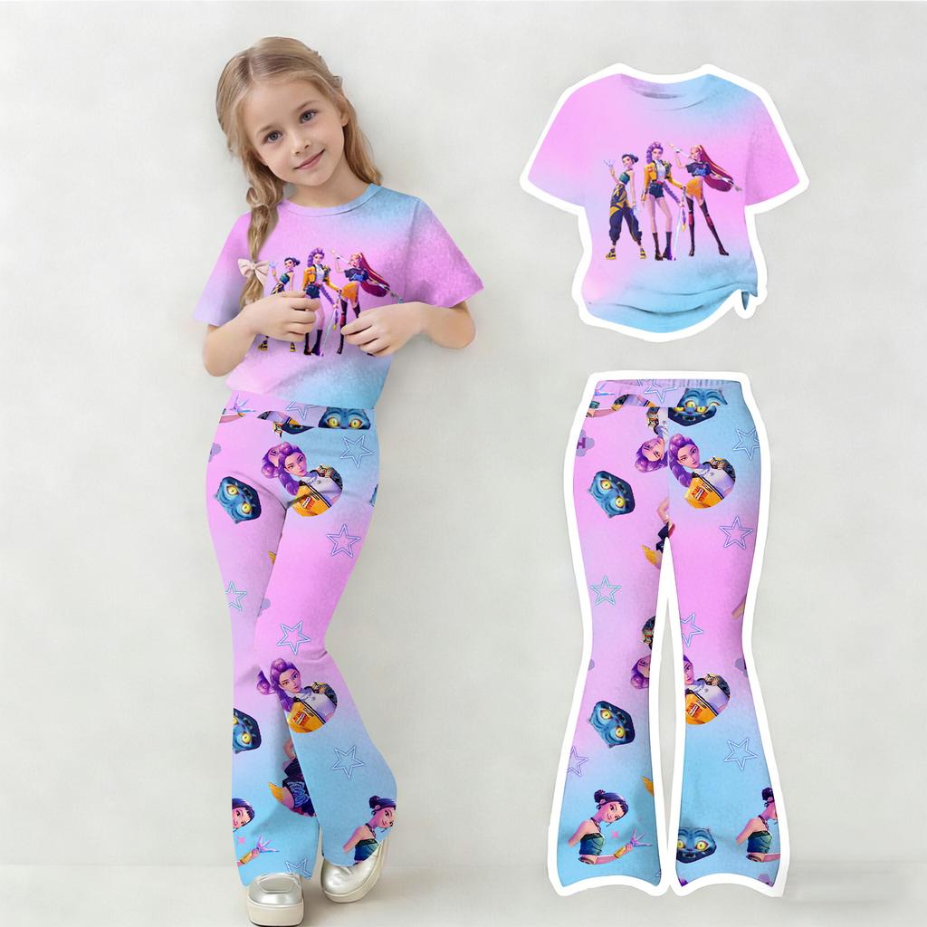 Children's Summer Sports T-Shirt And Bell-Bottom Pants Two-Piece Athletic Set Short Printed Clothing Set