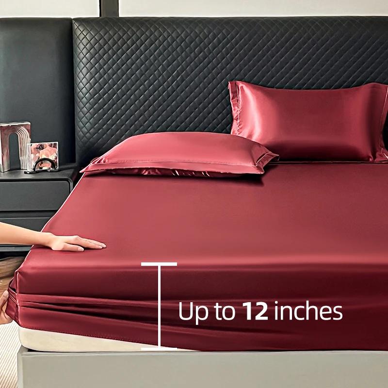 Solid Color Fitted Sheet Single Double Queen Size Mattress Cover Luxury Satin Rayon with Elastic Band Bedsheet 140/160/180/200cm