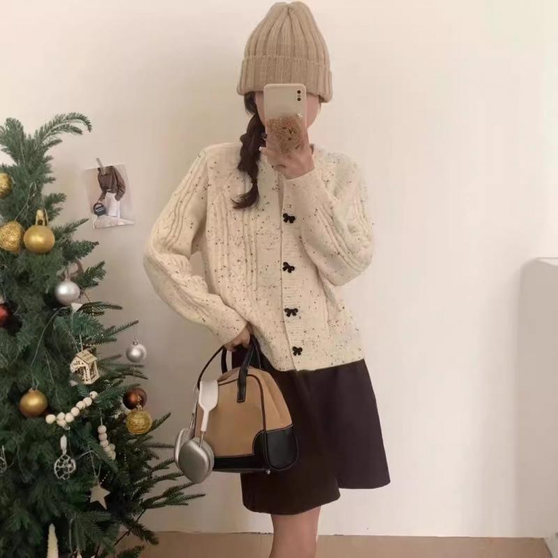 Korean autumn and winter new lazy style bow colored dot twist sweater jacket women's fashion thin knitted cardigan