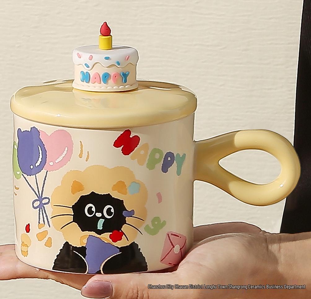 Birthday Cat Ceramic Mug - Cute Cake Design Coffee Cup Souvenir Gift