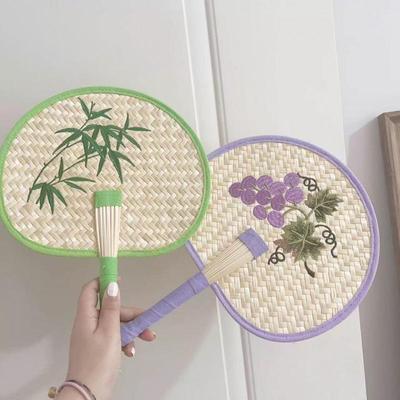 Handwoven Ancient Style Round Palm Leaf Fan - Portable Hanfu Chinese Fan with Embroidery for Summer and Mosquito Repellent