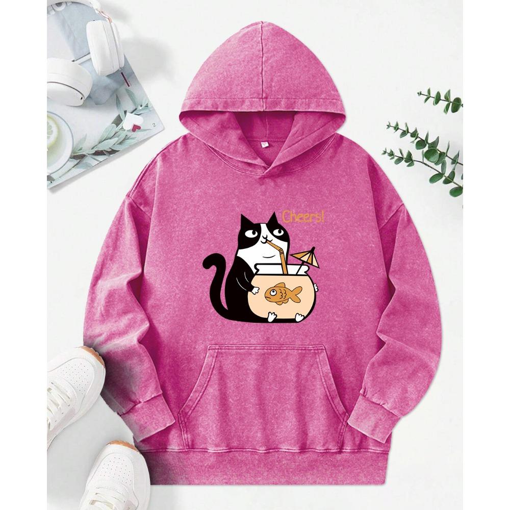 Cats Drinking Fish Soup Print Women Washed Hoody Fashion Cotton Hoodies Autumn Oversized Streetwear Multicolor Hoodie