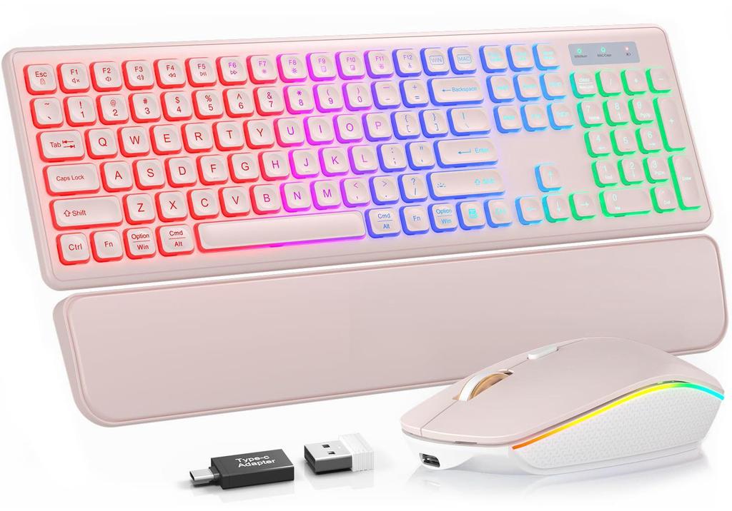 Rechargeable RGB Backlit Wireless Keyboard & Mouse Combo with Ergonomic Tilt Keys
