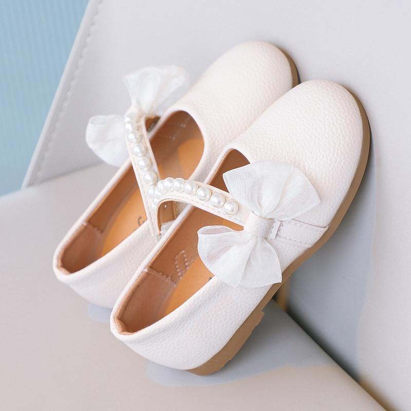 Kids Mary Janes Shoes for Party Wedding Children Elegant Princess Shoes with Bow-knot Girls Pearls Flats Leather Shoes Round-toe