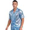Mens See Through Shirt Turn Down Collar Short Sleeve Water Ripple Shine Beachwear Clubwear Top