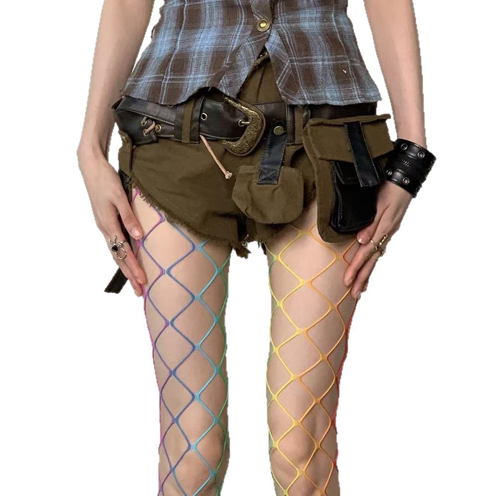 

Hollowed Colorful Women Fishnet Stockings Thin Y2K Subculture Rainbow Hole Girls Mesh Tights Jk Goth Street Club Stockings One Size
