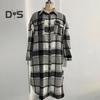 Jesień Zima Płaszcz Damski Typ Koszuli Nadruk w Kratę Jednorzędowy Kołnierz Wykładany z Kieszeniami na Piersi Rozcięcie na Dole Luźny Średniej Długości Do Noszenia na Co Dzień Do Pracy Na Zewnątrz
