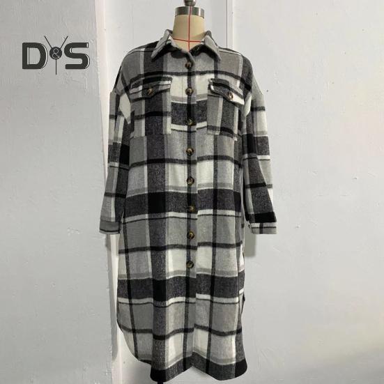 Podzim Zima Dámský Kabát Typ Košile Kostkovaný Potisk Jednořadé Zapínání Klopový Límec s Náprsními Kapsami Rozparek na Lemu Volný Střední Délka Denní Nošení Práce Venkovní