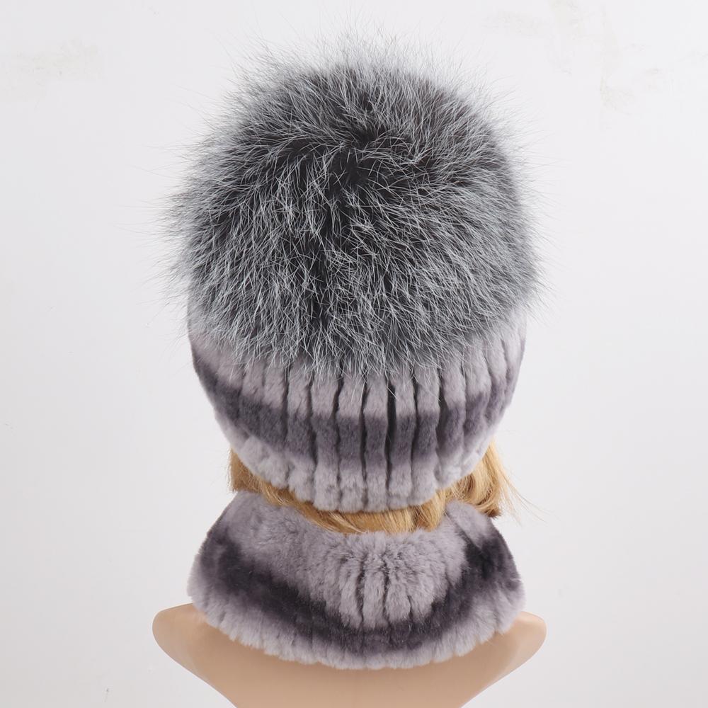 Hot Sale Women Winter Real Rex Rabbit Fur Hat Scarf Sets Natural Warm Genuine Silver Fox Fur Rex Rabbit Fur Cap Scarves 2 Pieces