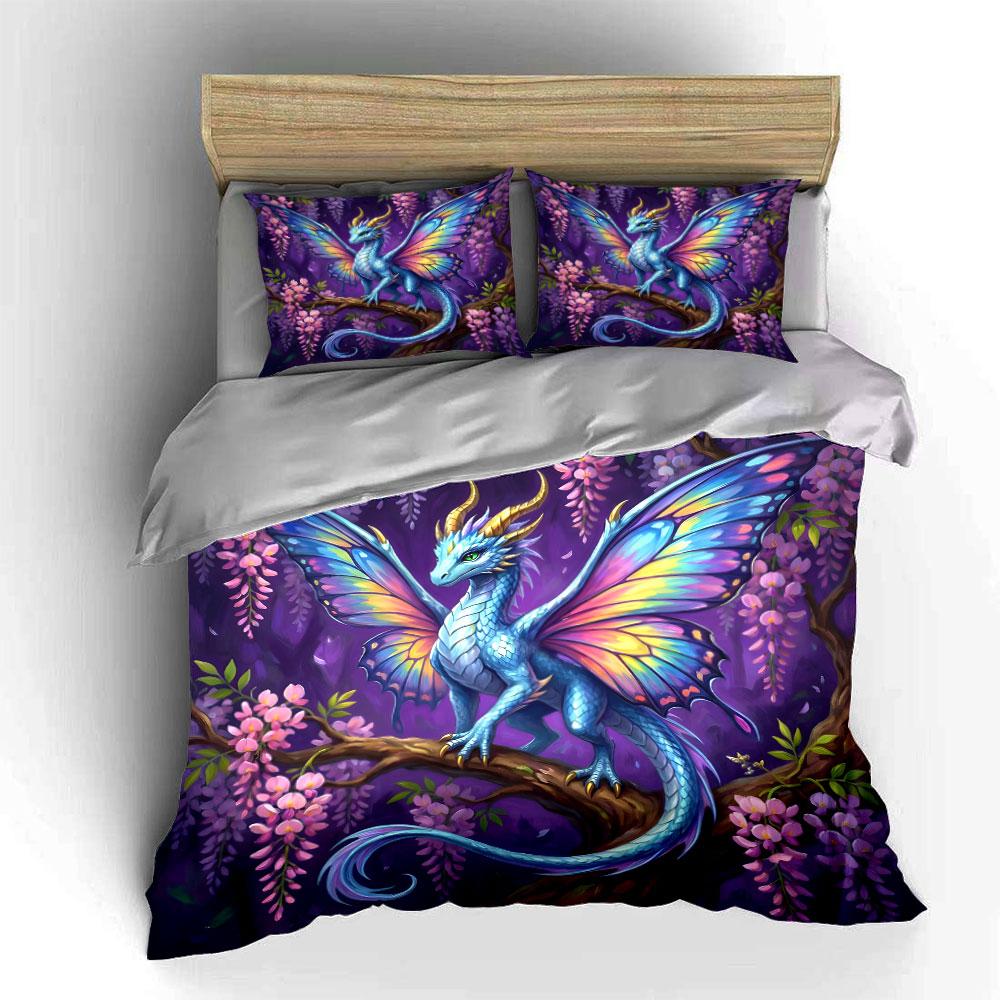 Fantasy Dragon with Colorful Wings Print Soft Comfortable Duvet Cover Bedding Set Included 1*Duvet Cover 2*Pillowcases