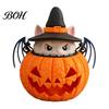 Waterproof Garden Light Halloween Cat Pumpkin Lantern, 3D Printed Glowing Figurine Lantern with Witch Hat, Spooky Tabletop Ornament, Festive