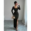 Spring 2026 New U-neck Solid Color Slim and Slimming Knitted Long-sleeved Slit Dress