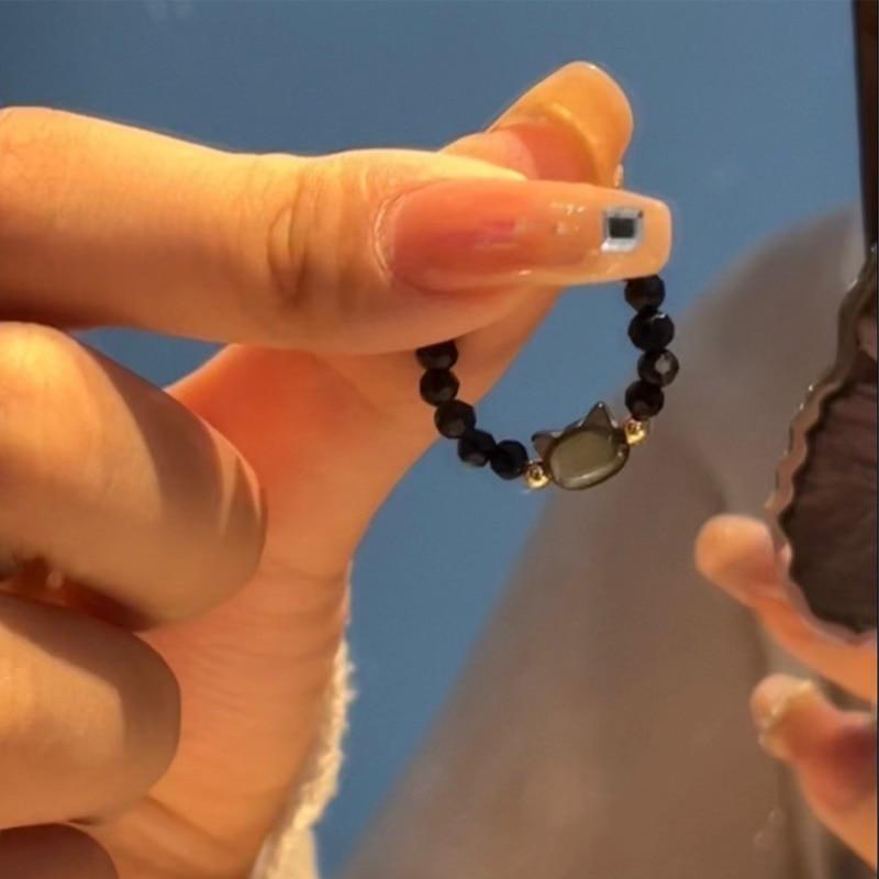 Natürliche Mondstein Obsidian Ringe Perlen Minimalistischer Ring Handgemacht Niedlicher Schwarz Weiß Katzenring Damen Party Zubehör Schmuck