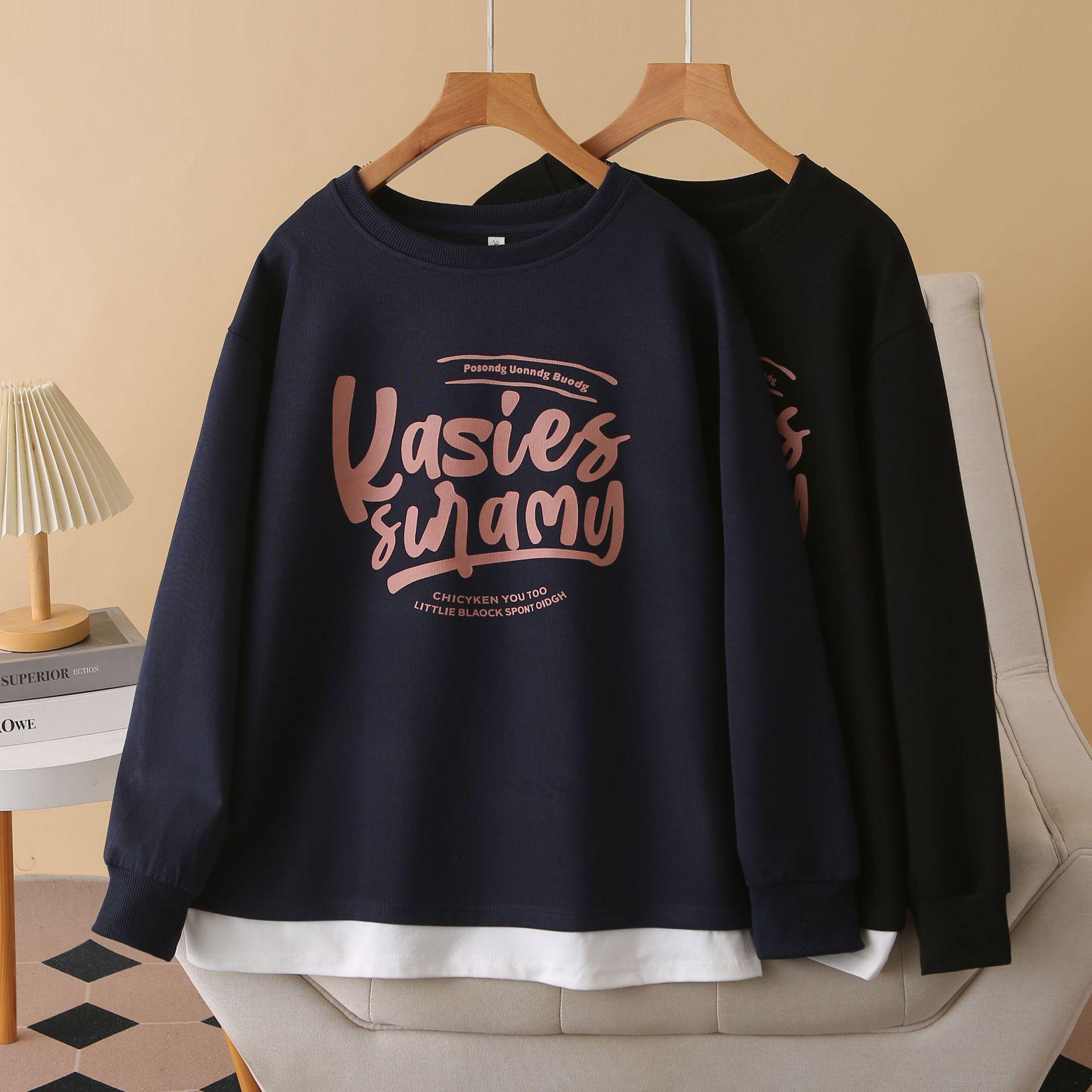 

Women s Plus Size Crew Neck Hoodie - Fake Two-Piece Lazy Autumn Style Hong Kong Trendy Casual Pullover 4XL темно-синий