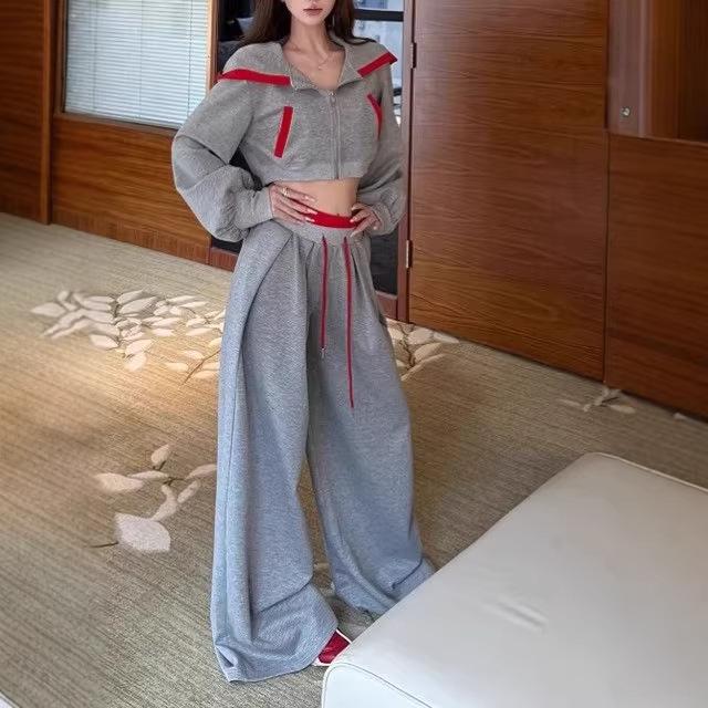 

Women s Spicy American Hoodie Set - Autumn/Winter Casual Grey Jacket & Wide-Leg Pants Small серый