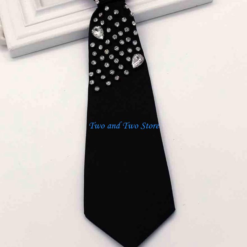 HX6F Women's School Uniform Tie Harajuku Rhinestones Vintage Pre Tied Black Necktie