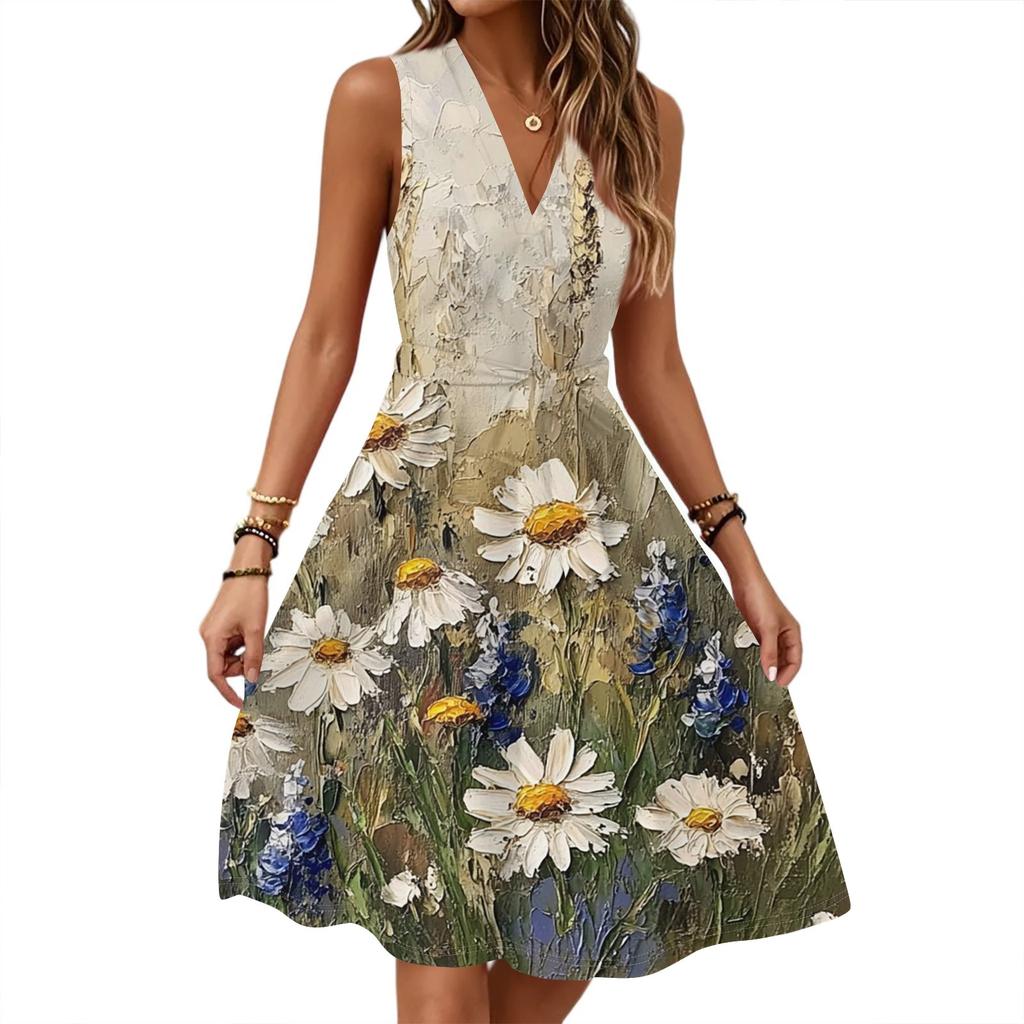 Abito Midi da Donna Casual Primaverile Estivo con Scollo a V Senza Maniche in Vita con Stampa Floreale