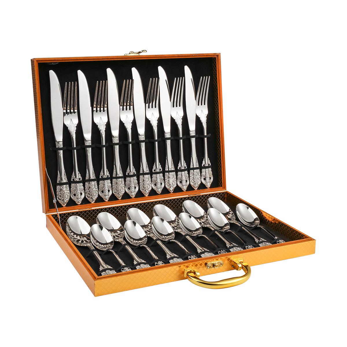 

Stainless Steel Relievo Tableware Set, Banquet Western Tableware, Golden Gift Box, Retro Knife, Fork, Spoon, 24 Pcs